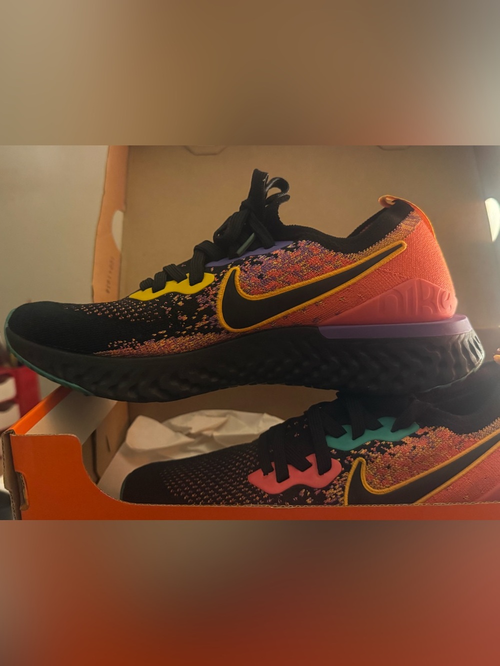 Nike Running Shoe Black Multi-Color Knit Sneakers with Yellow Swoosh